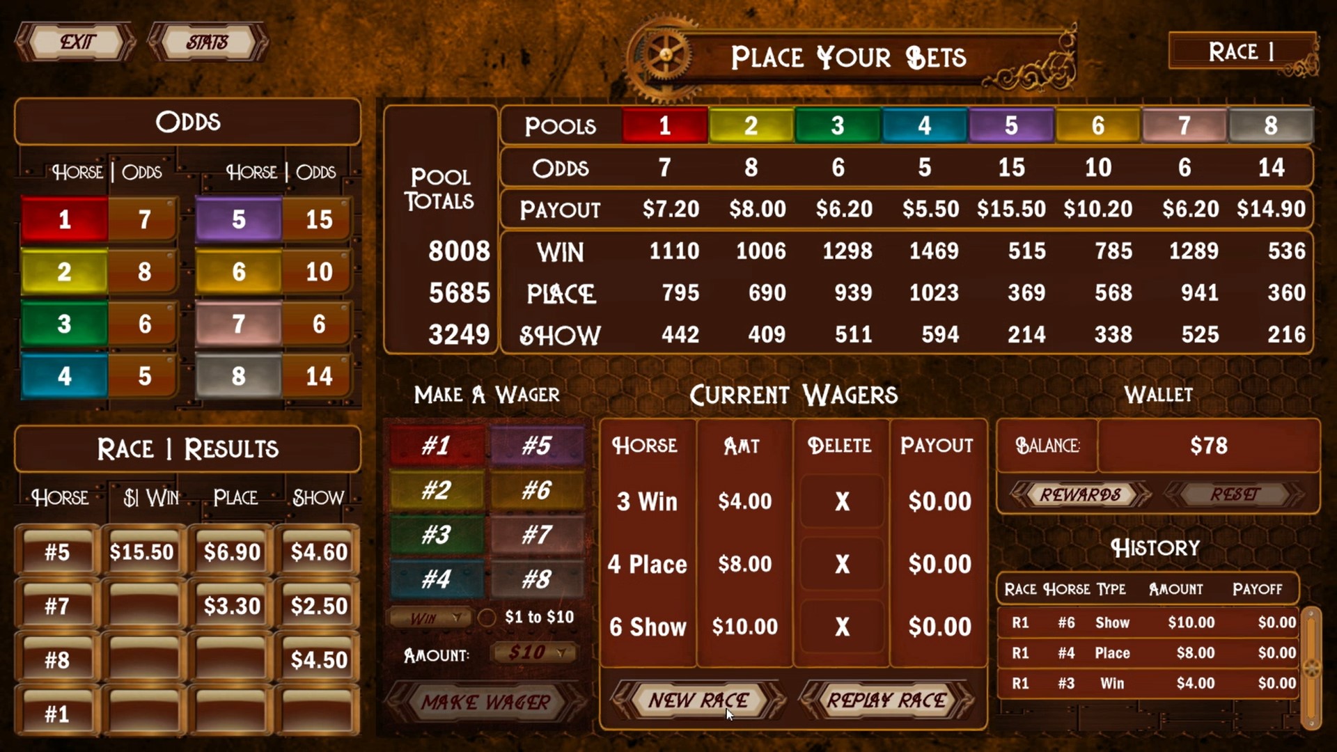 Cruise Ship Horse Racing betting page screenshot